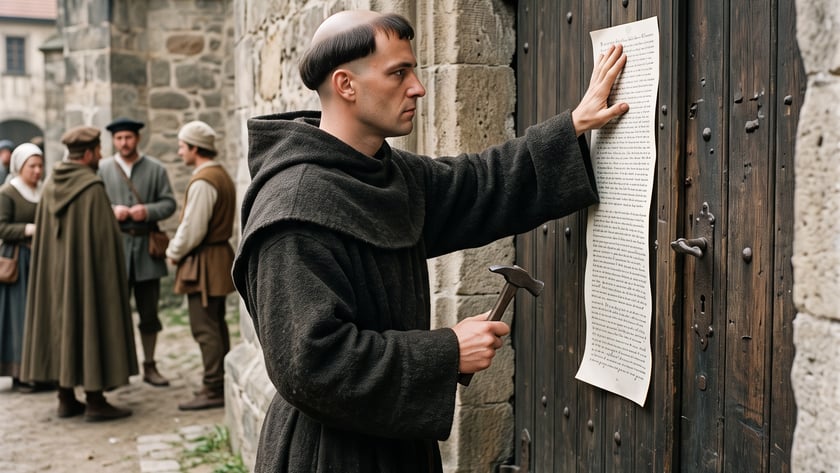 Monge de hábito escuro prega uma folha escrita na porta de madeira de uma igreja de pedra.
