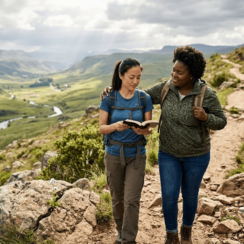 Duas mulheres com mochilas caminham em uma trilha na montanha, uma lendo um livro.