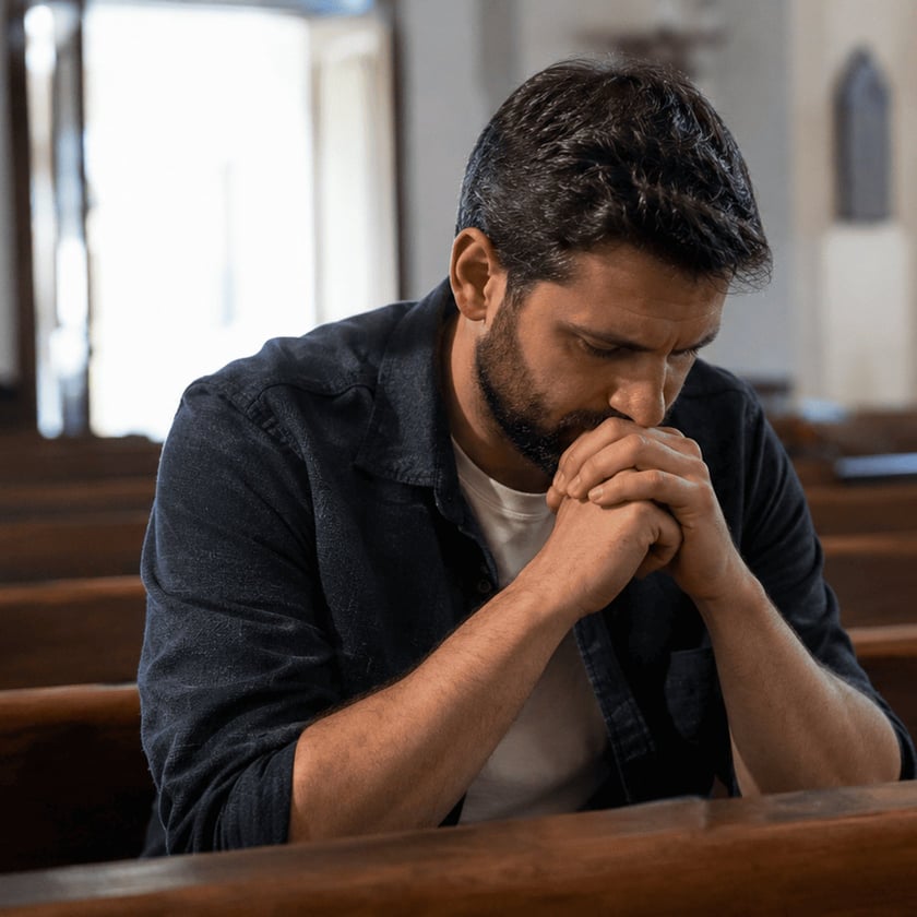 Homem de barba, com as mãos unidas junto ao rosto, sentado em um banco de igreja.