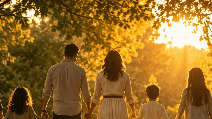 Família de costas, de mãos dadas, caminha por uma trilha de terra entre árvores.