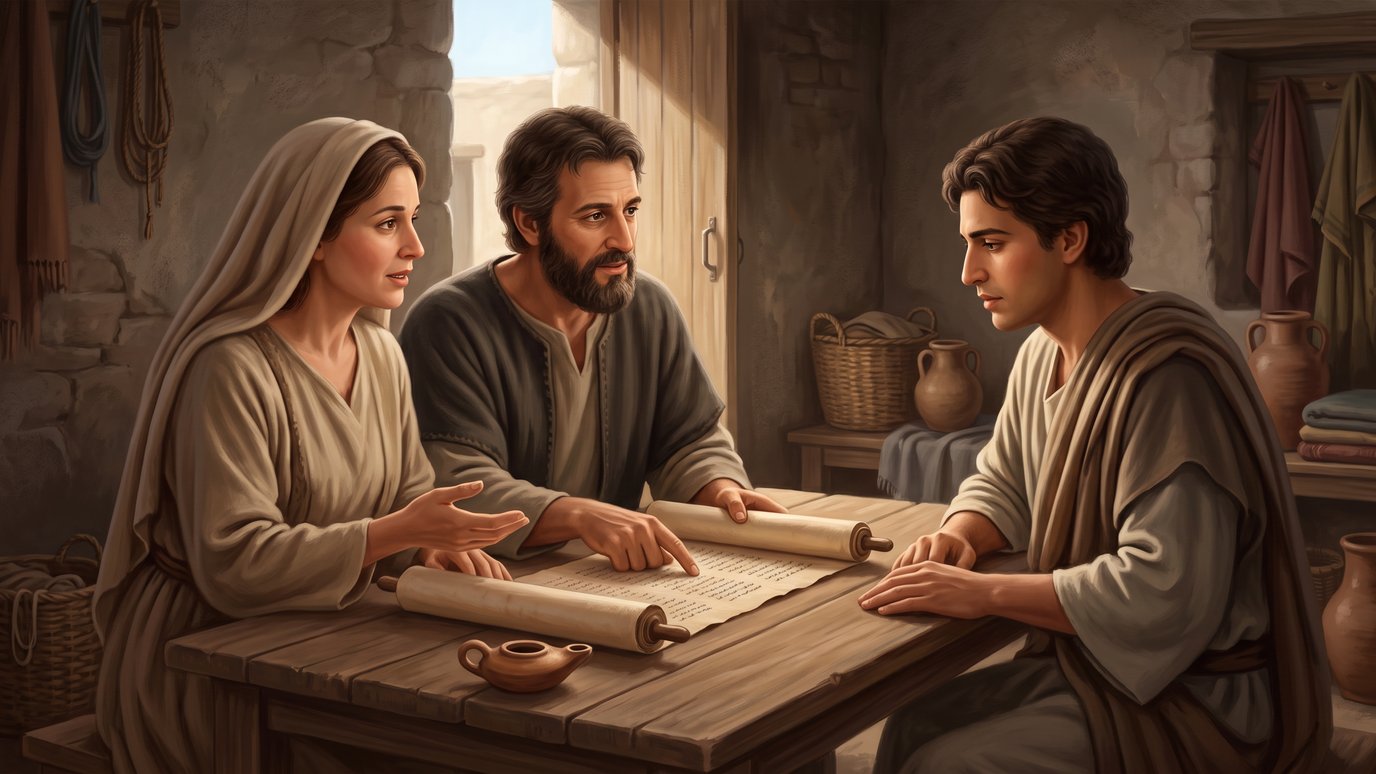 Um casal conversa com um jovem à mesa, onde há um pergaminho aberto.