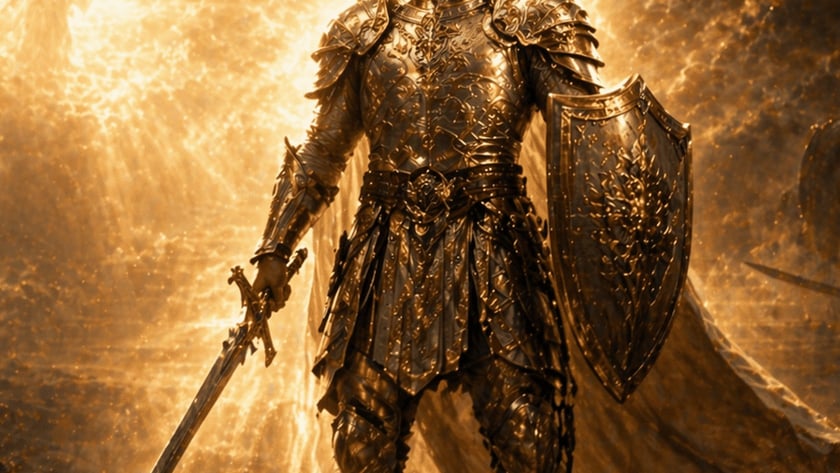 Guerreiro de armadura dourada segura espada e escudo