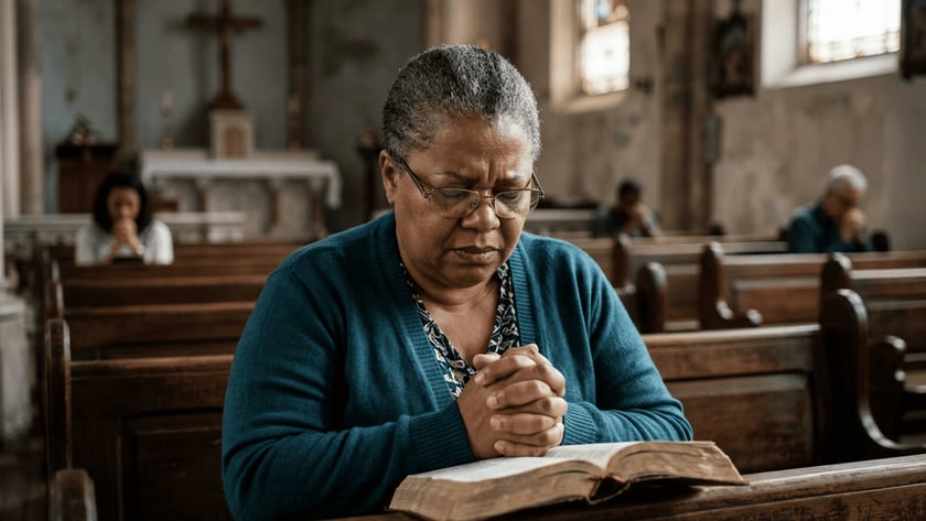 Mulher de óculos e cardigã azul reza com as mãos juntas sobre uma Bíblia aberta, em uma igreja.