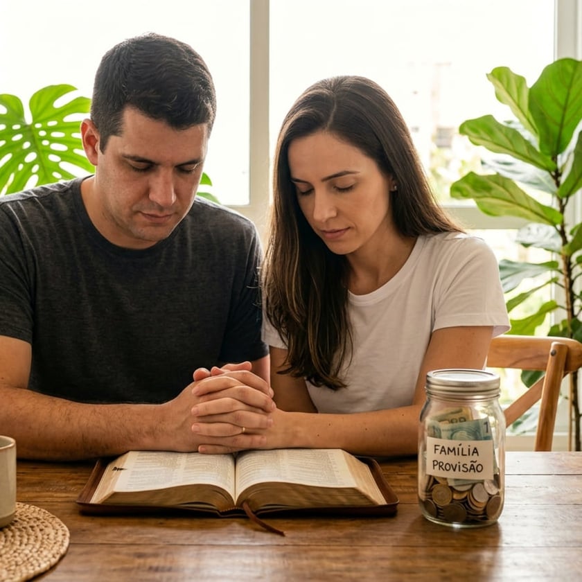 Casal de mãos postas e olhos fechados diante de uma Bíblia aberta e um pote "FAMÍLIA PROVISÃO".
