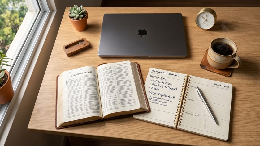 Mesa de madeira com Bíblia aberta, notebook fechado, suculenta e agenda: "Planejamento Semanal".