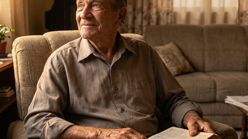 Idoso sentado em poltrona na sala, com um livro grande aberto no colo.