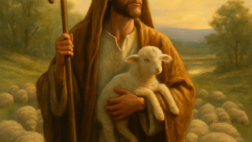 Pastor de barba e manto marrom segura um cordeiro e um cajado entre ovelhas.