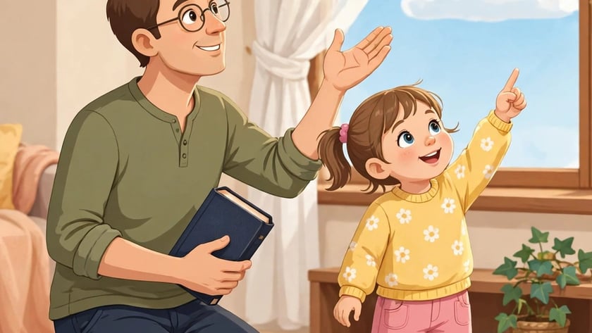 Pai ajoelhado com um livro e menina apontando para o céu pela janela.