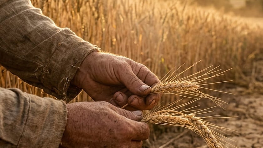Mãos calejadas de agricultor segurando espigas de trigo em plantação seca, ao lado de terra rachada.