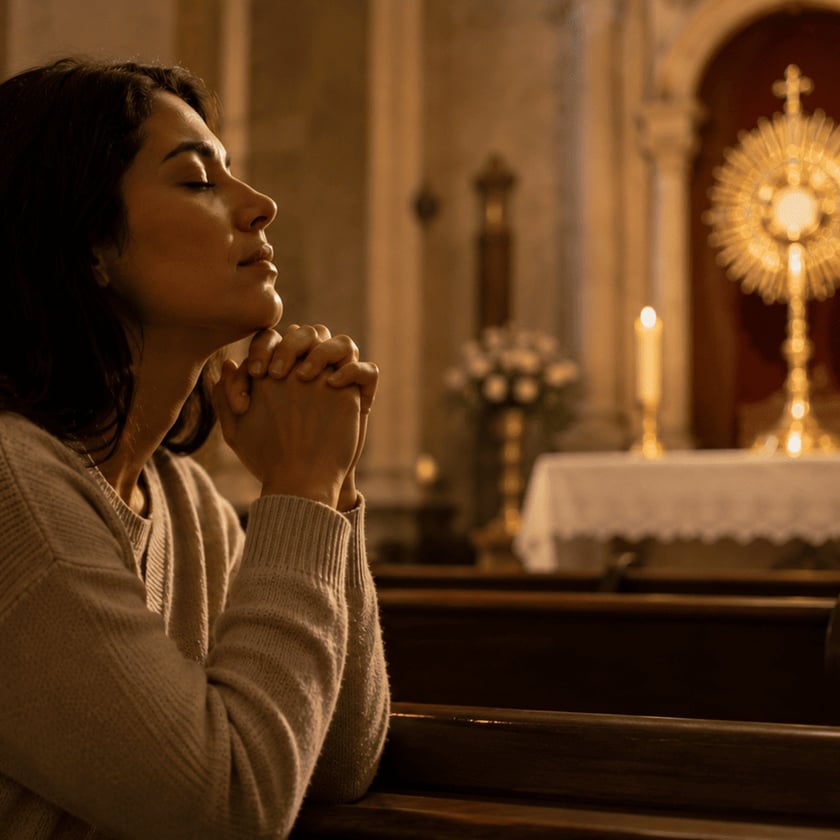 Mulher de olhos fechados e mãos postas reza num banco de igreja diante de um ostensório dourado.