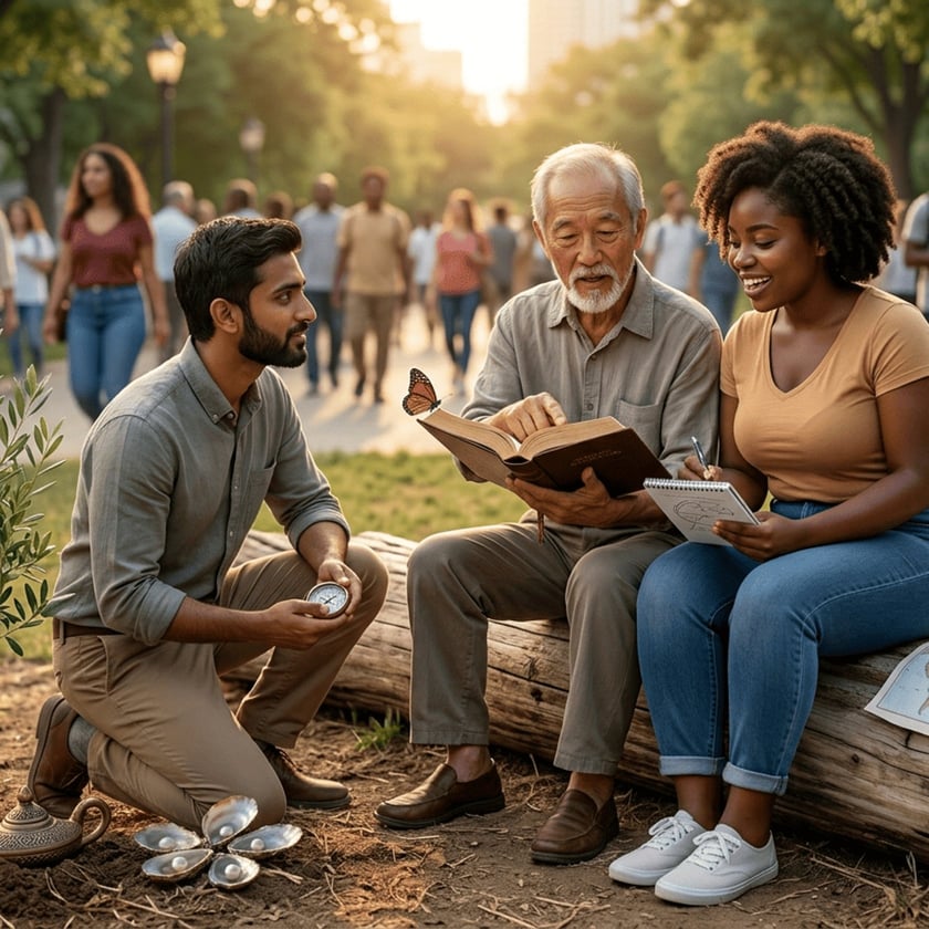 Três pessoas conversam sobre um livro aberto num tronco, em um parque movimentado.