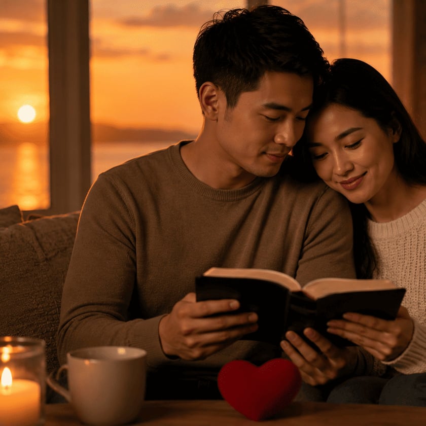 Casal sentado no sofá lê um livro juntos, com o pôr do sol na janela.