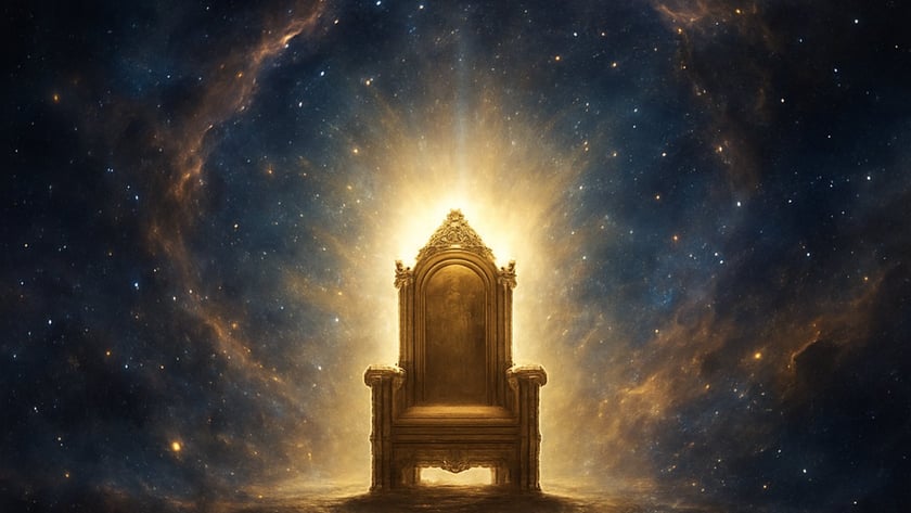 Trono dourado ornamentado, vazio, brilhando no meio do espaço estrelado com nebulosa ao redor.