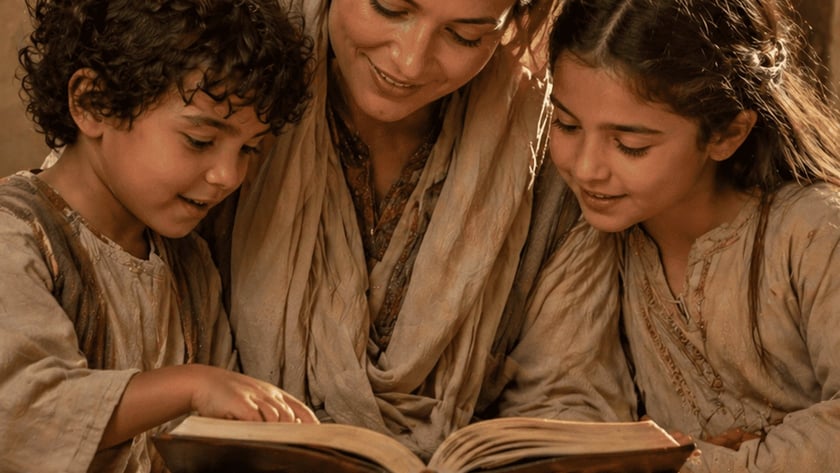 Mulher de véu e uma menina leem juntas um livro grande, com uma criança ao lado.