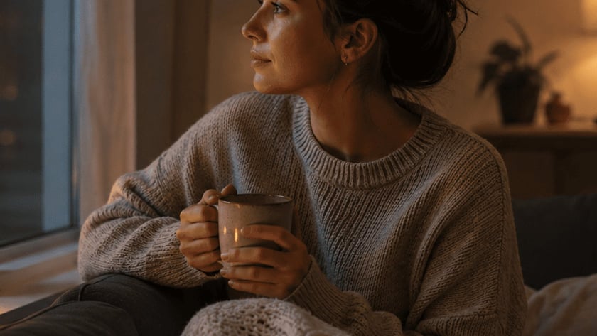 Mulher de suéter segura uma caneca e olha pela janela, ao lado de uma vela.