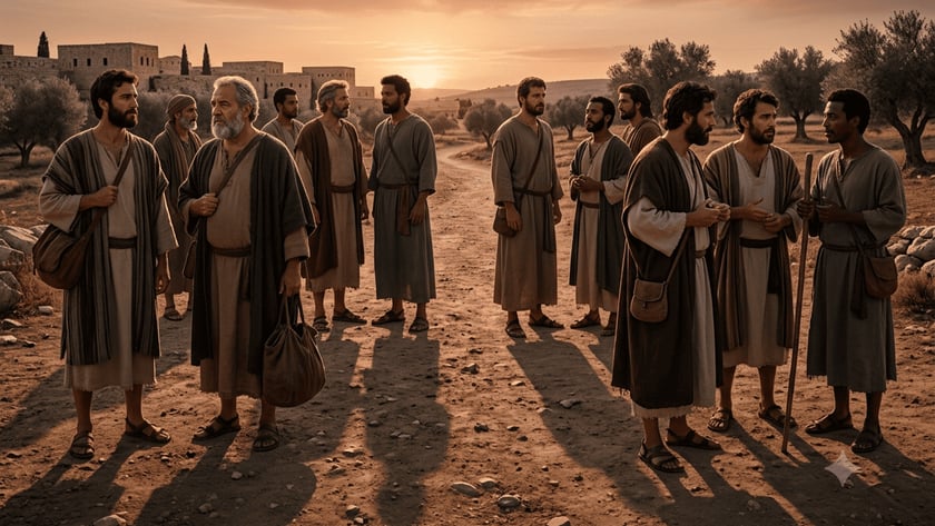 Grupo de homens com túnicas e mantos em estrada de terra ao entardecer.