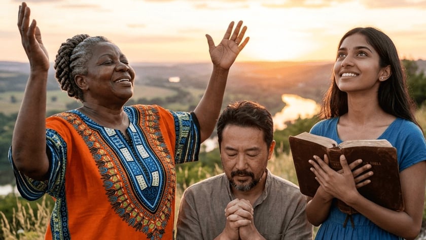 Três pessoas rezam ao pôr do sol em um morro: uma de braços erguidos, um ajoelhado, uma com Bíblia.