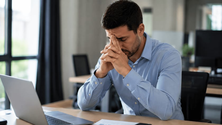 Homem de camisa azul apoia o rosto nas mãos diante de um notebook, em escritório.