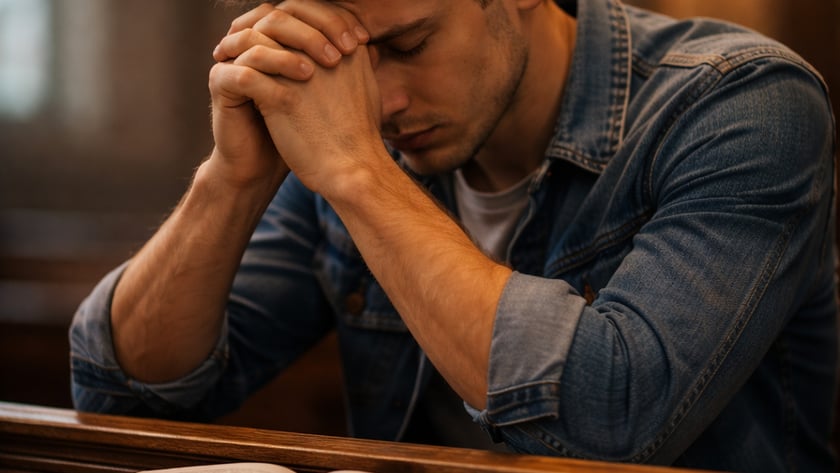 Jovem de jaqueta jeans com as mãos unidas na testa, ao lado de uma Bíblia e uma cruz.