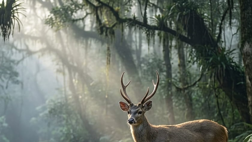 Cervo de chifres ramificados em pé na água rasa de um riacho na floresta.