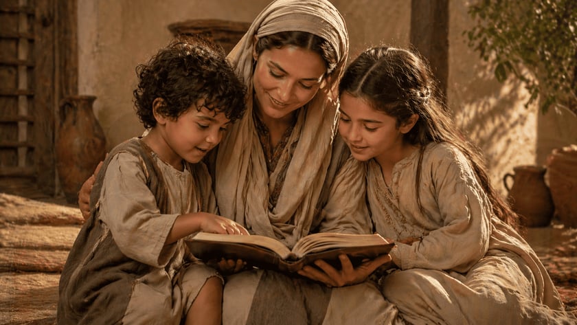 Mulher de véu e uma menina leem juntas um livro grande, com uma criança ao lado.