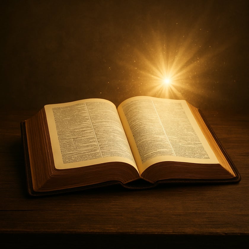 Livro grosso aberto sobre mesa de madeira, com um ponto de luz brilhante acima das páginas.