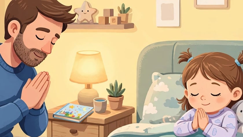 Pai ajoelhado e menina deitada na cama rezam de mãos juntas no quarto.