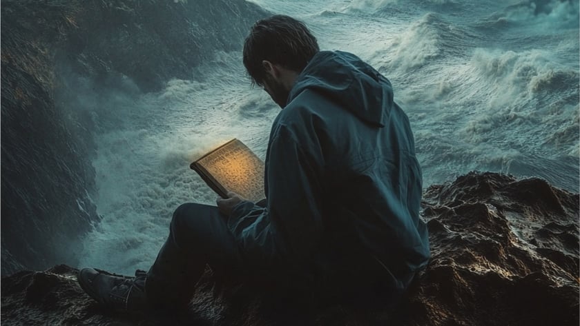 Homem de capuz lê um livro aceso sentado em rochedo diante do mar revolto.