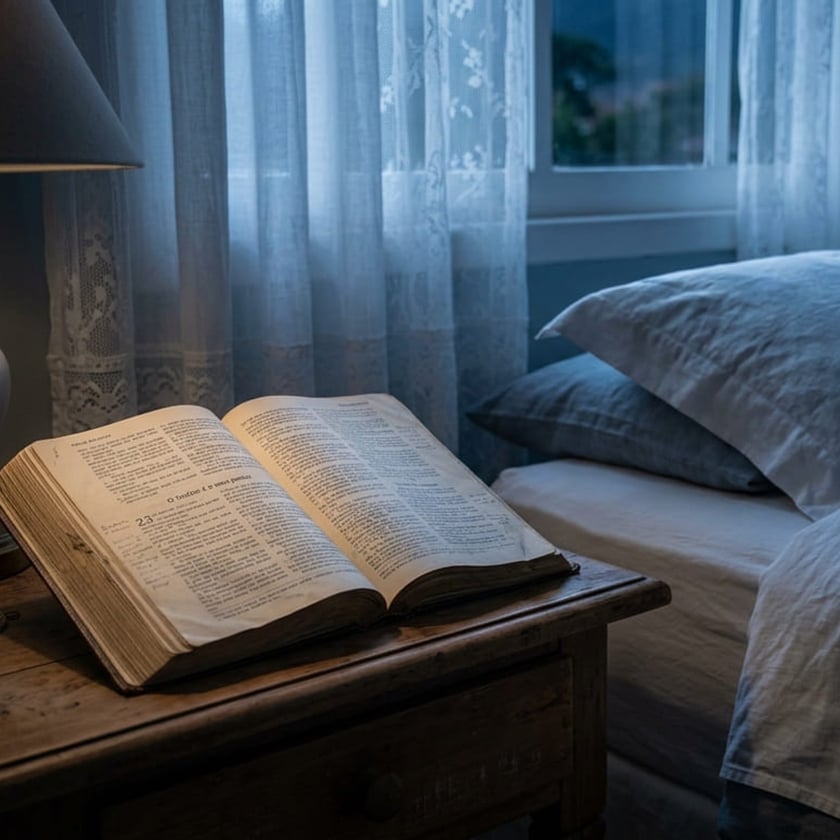 Bíblia aberta sobre mesa de cabeceira de madeira, ao lado de cama com travesseiros