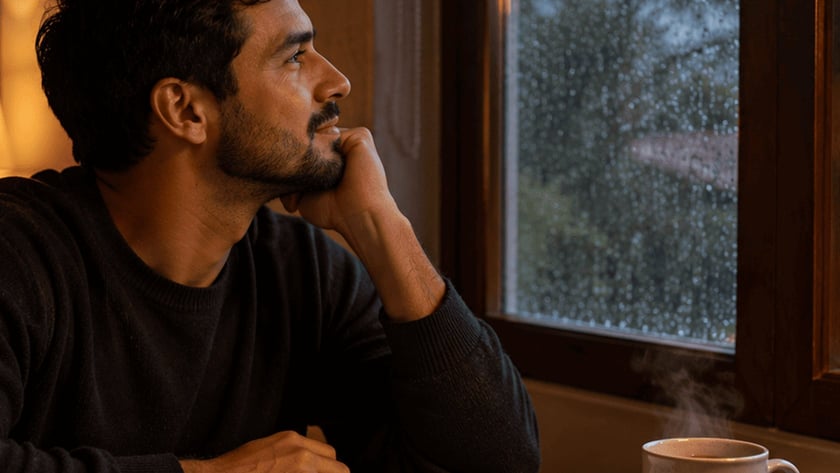 Homem de barba apoia o queixo na mão e olha pela janela chuvosa