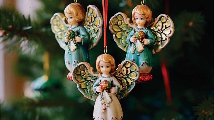 Três enfeites de anjinhos de porcelana com asas coloridas pendurados em uma árvore de Natal.