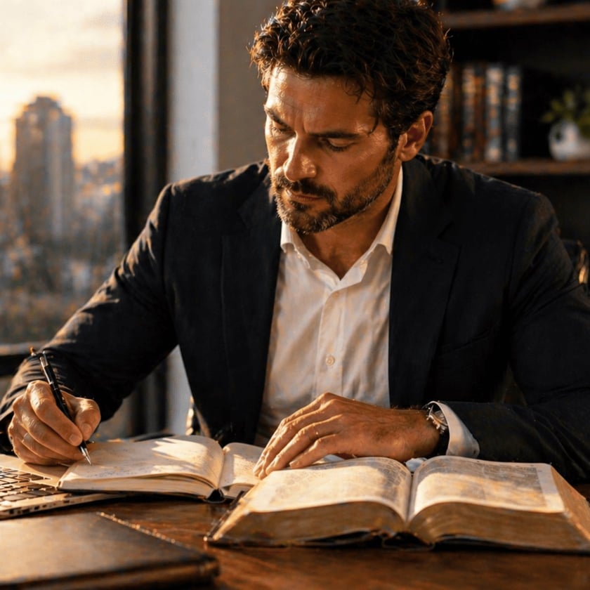 Homem de blazer escuro escreve em caderno ao lado de livro aberto e notebook, perto da janela.