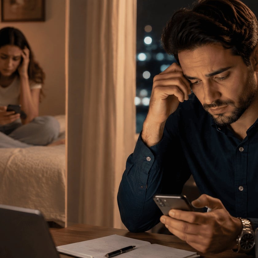 Homem de camisa escura olha o celular à mesa, com a mão na testa.