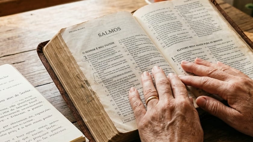 Mão de pessoa idosa sobre Bíblia aberta em "SALMOS", ao lado de caderno de anotações.