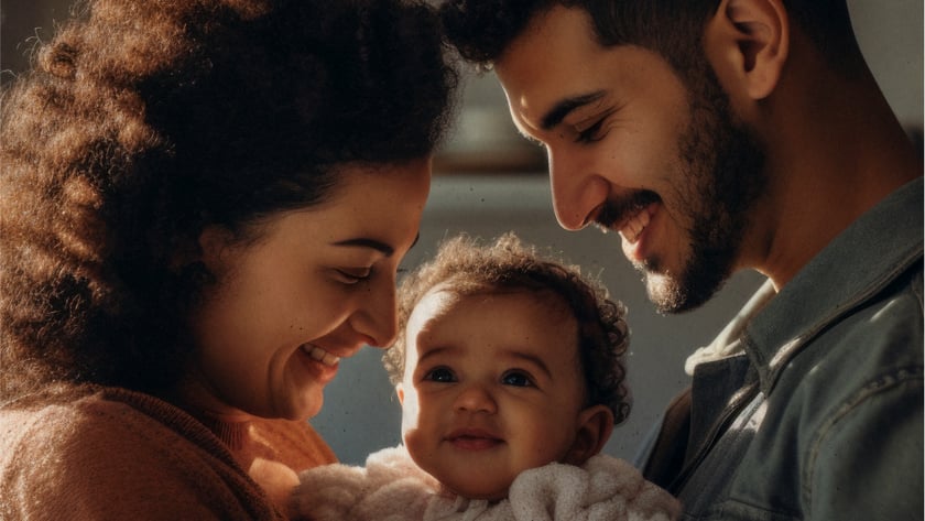 Mulher de cabelo cacheado e homem barbudo sorriem para um bebê no colo deles.