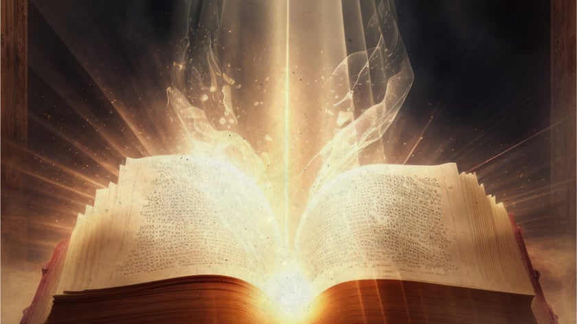 Livro grande aberto sobre piso de pedra, com feixe de luz saindo das páginas.