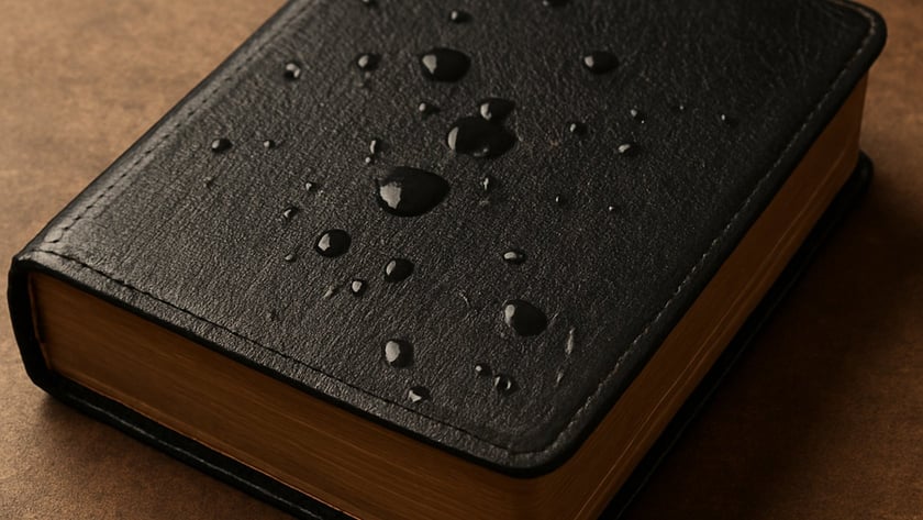 Livro pequeno de capa de couro preta com gotas de água, sobre superfície marrom.