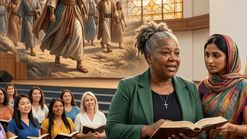 Mulheres seguram Bíblias numa igreja, diante de um mural bíblico com uma mulher à frente de um povo.