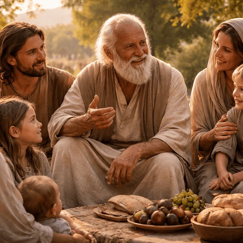 Idoso de barba branca conversa com família sentada ao ar livre, diante de pães e frutas.