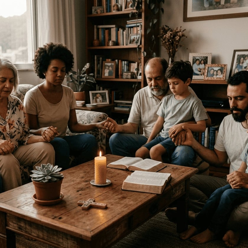 Família de mãos dadas e olhos fechados reza na sala, ao redor de mesa com Bíblias e vela.