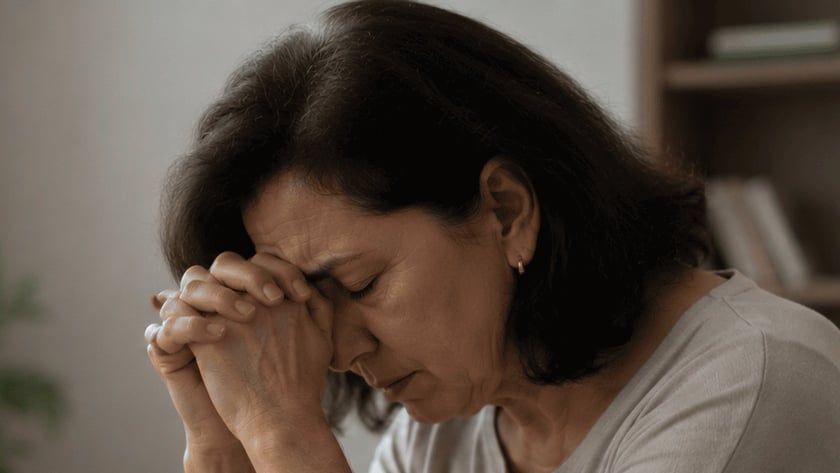 Mulher de cabelo escuro sentada no sofá, com as mãos unidas junto à testa e olhos fechados.