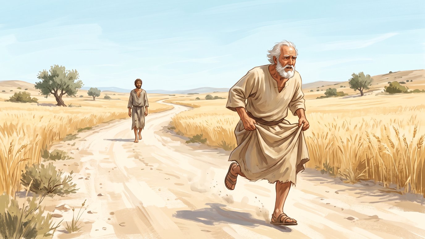 Idoso de barba branca corre por estrada de terra segurando a túnica; um homem o observa ao longe.