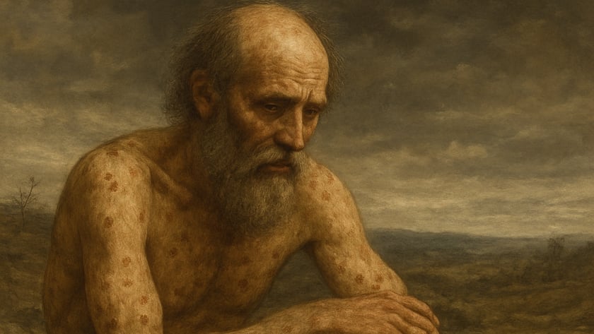 Homem idoso, barbudo e sem camisa, com manchas na pele, sentado em paisagem árida.