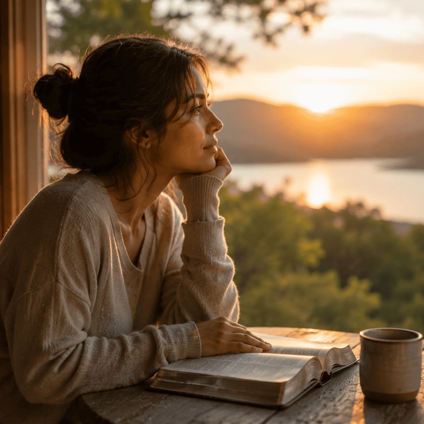 Mulher de cabelo escuro, apoiada numa mesa de madeira com livro aberto e caneca, olha o lago.