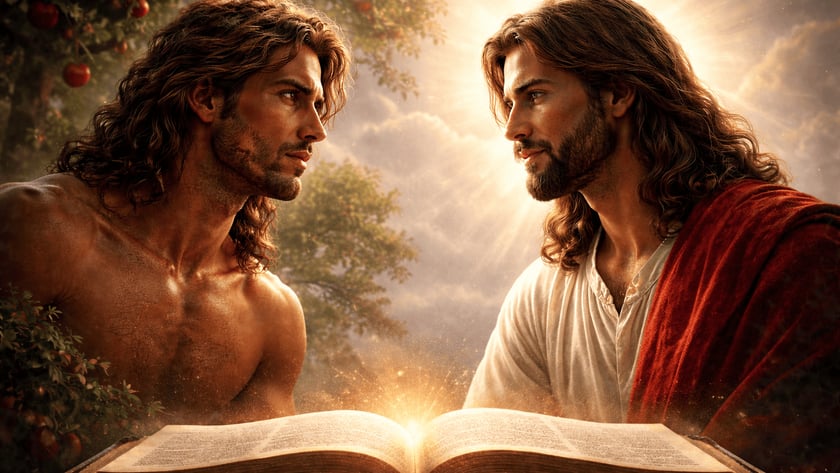 Dois homens de cabelo longo e barba se encaram diante de uma Bíblia aberta.