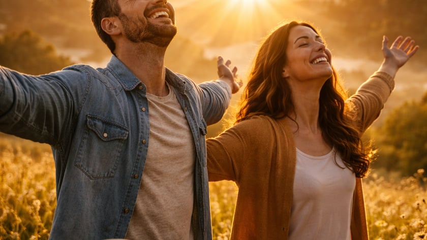 Homem e mulher sorrindo, de braços abertos num campo de flores ao nascer do sol