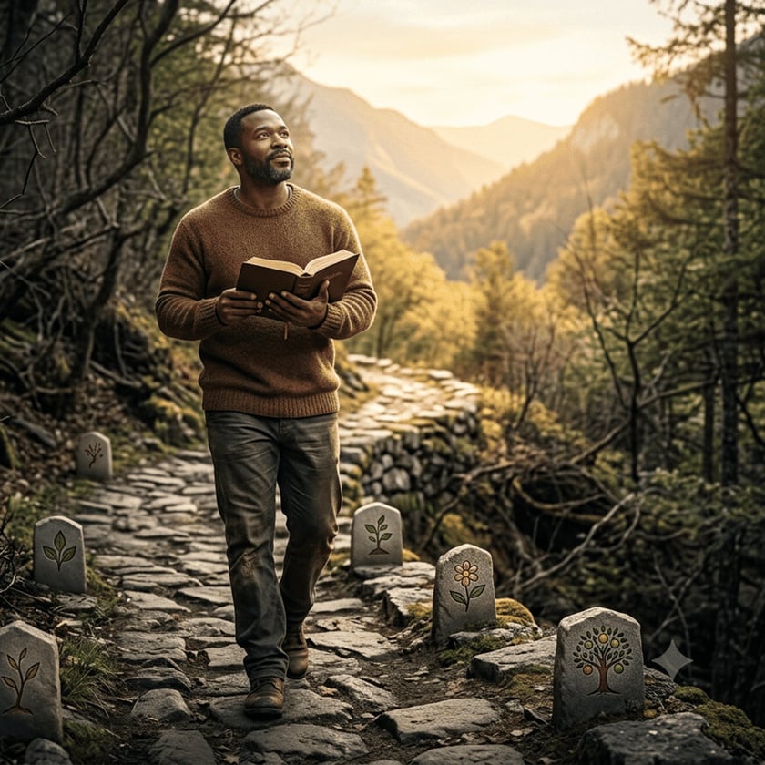 Homem de suéter marrom caminha com um livro aberto por uma trilha de pedras na montanha.
