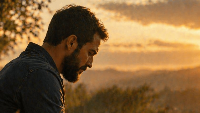 Homem barbado lê uma Bíblia sentado em um morro, diante de um lago ao pôr do sol.