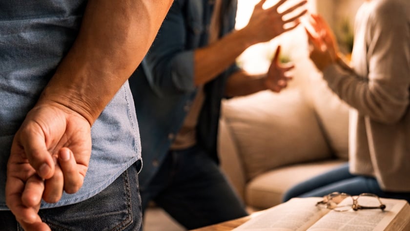 Homem com dedos cruzados atrás das costas, enquanto casal discute na sala