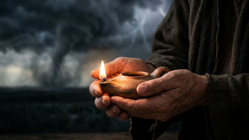Mãos de um homem seguram uma lamparina de barro acesa diante de um tornado.